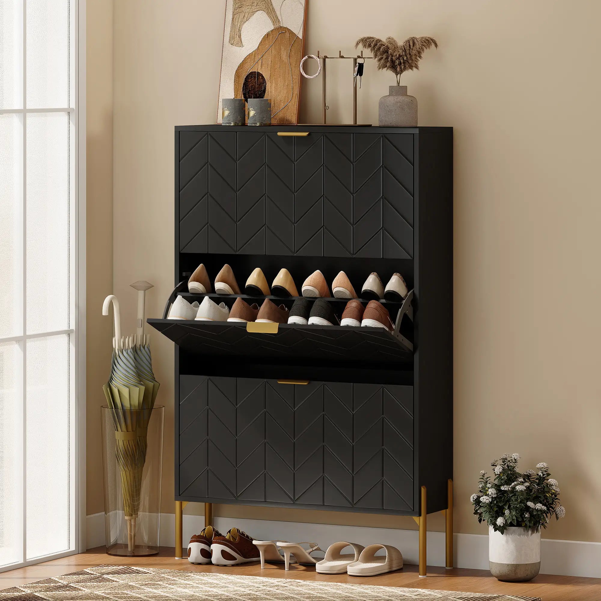 Shoe Cabinet, 3 Flip Drawers, Adjustable Shelves, Black Shoe Storage Cabinets & Racks at Gallery Canada