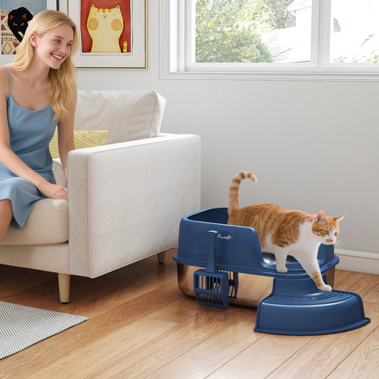 Stainless Steel Cat Litter Box, High Side with Scoop, Anti-Leakage, Navy Blue Cat Litter Box Enclosures Navy Blue, Silver at Gallery Canada