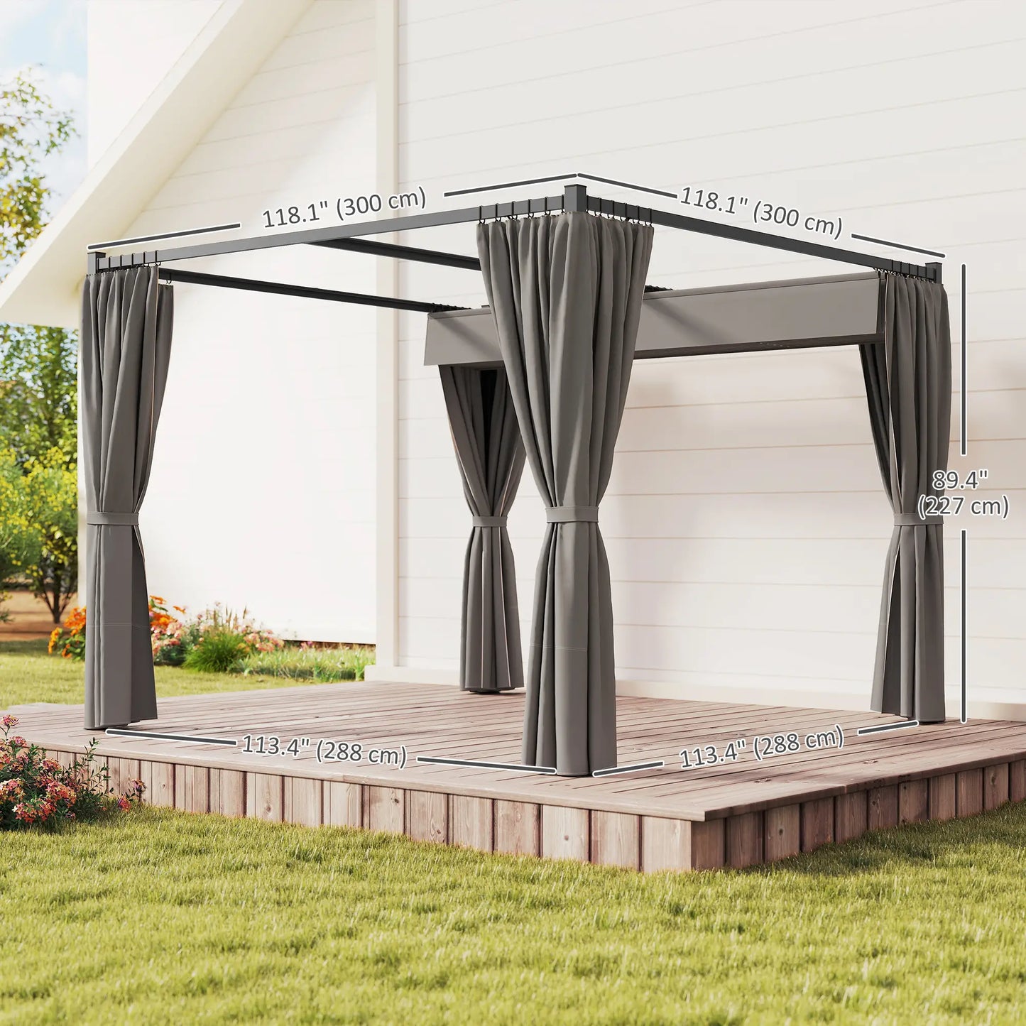 10' x 10' Retractable Pergola, Garden Gazebo with Curtains, Light Grey Pergolas at Gallery Canada