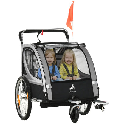 2 Seat Bike Trailer, 2-in-1 Baby Stroller, Handbrake, Rubber Wheels, Grey Kids Bike Trailers at Gallery Canada