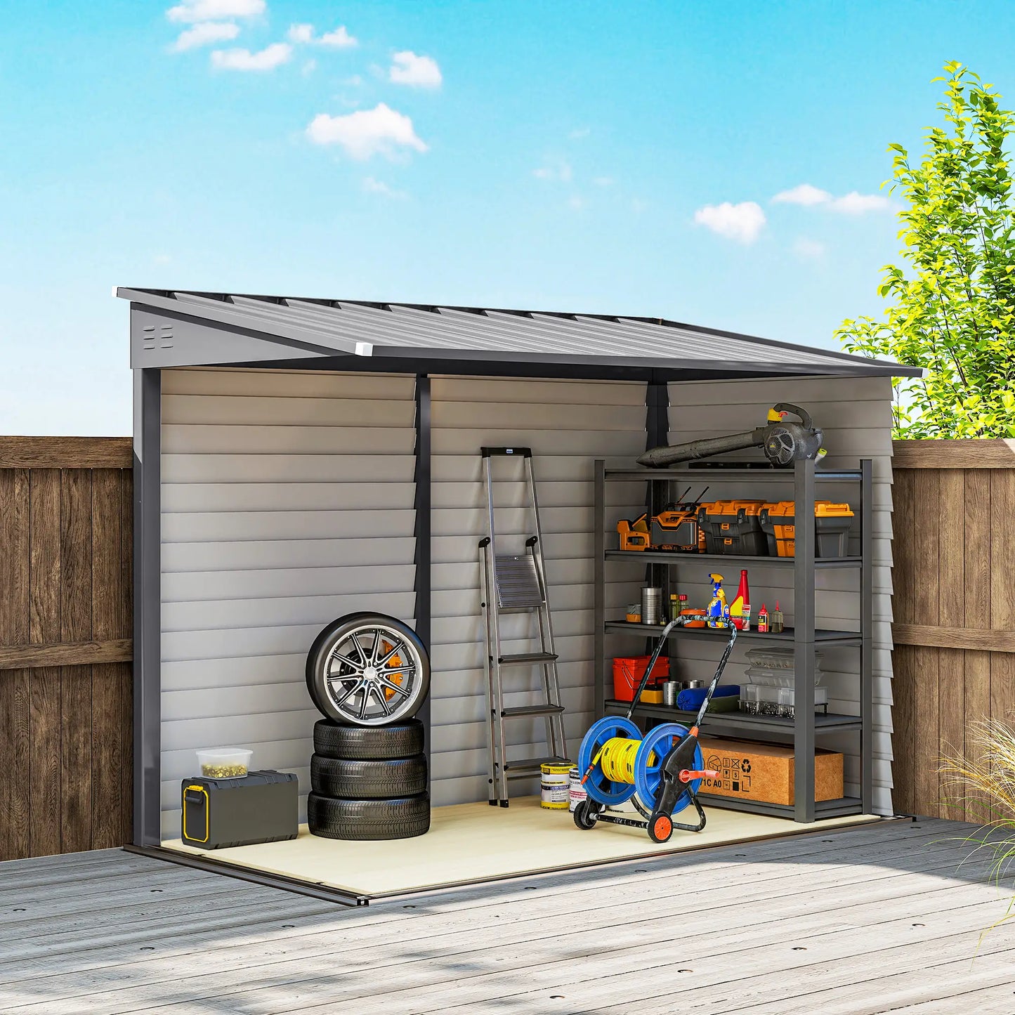 4.6' x 9' Steel Outdoor Storage Shed, Lean to, Lockable Doors, Grey Sheds at Gallery Canada
