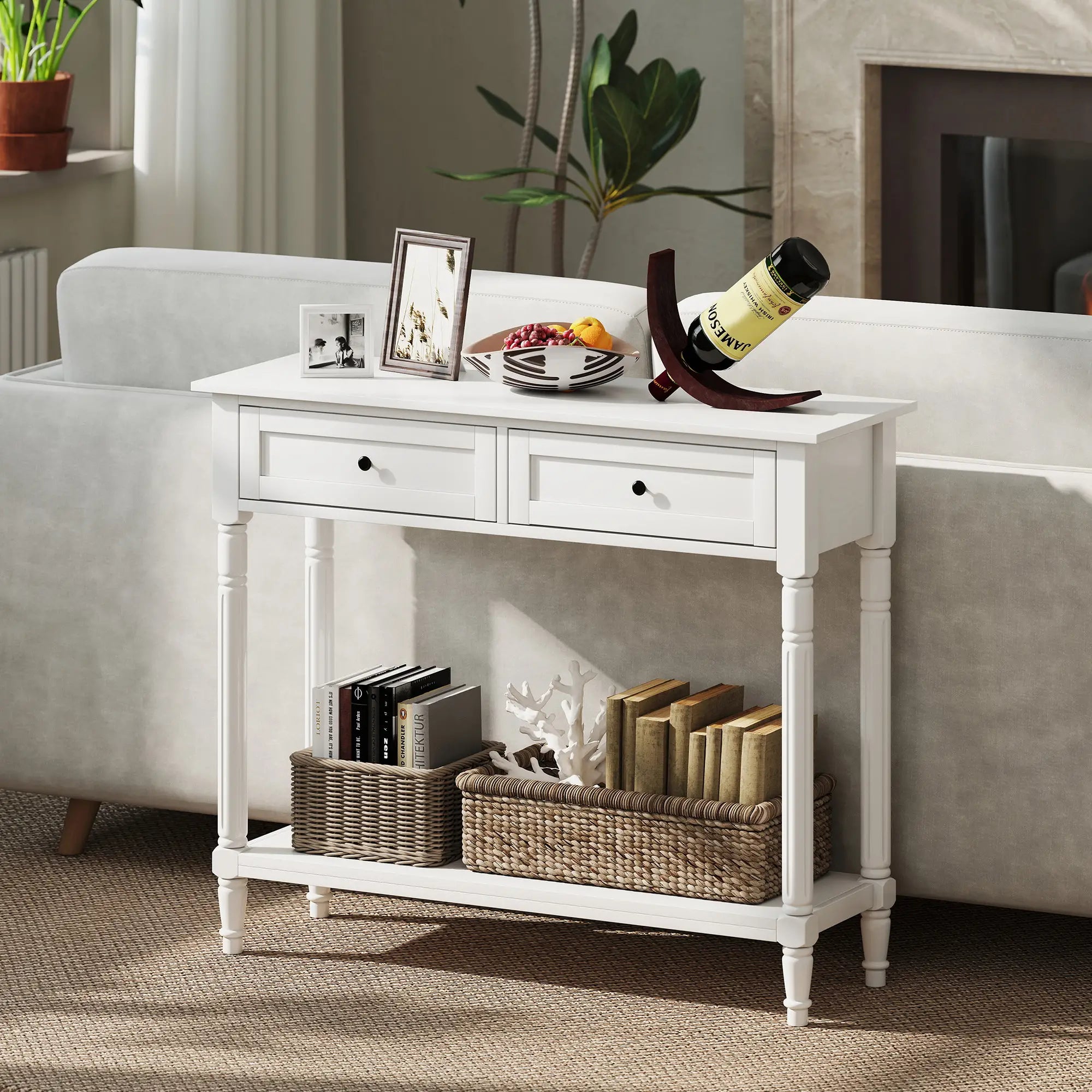 Modern Hallway Console Table, 2 Drawers, Storage Shelf, Turned Legs, White Console Tables at Gallery Canada