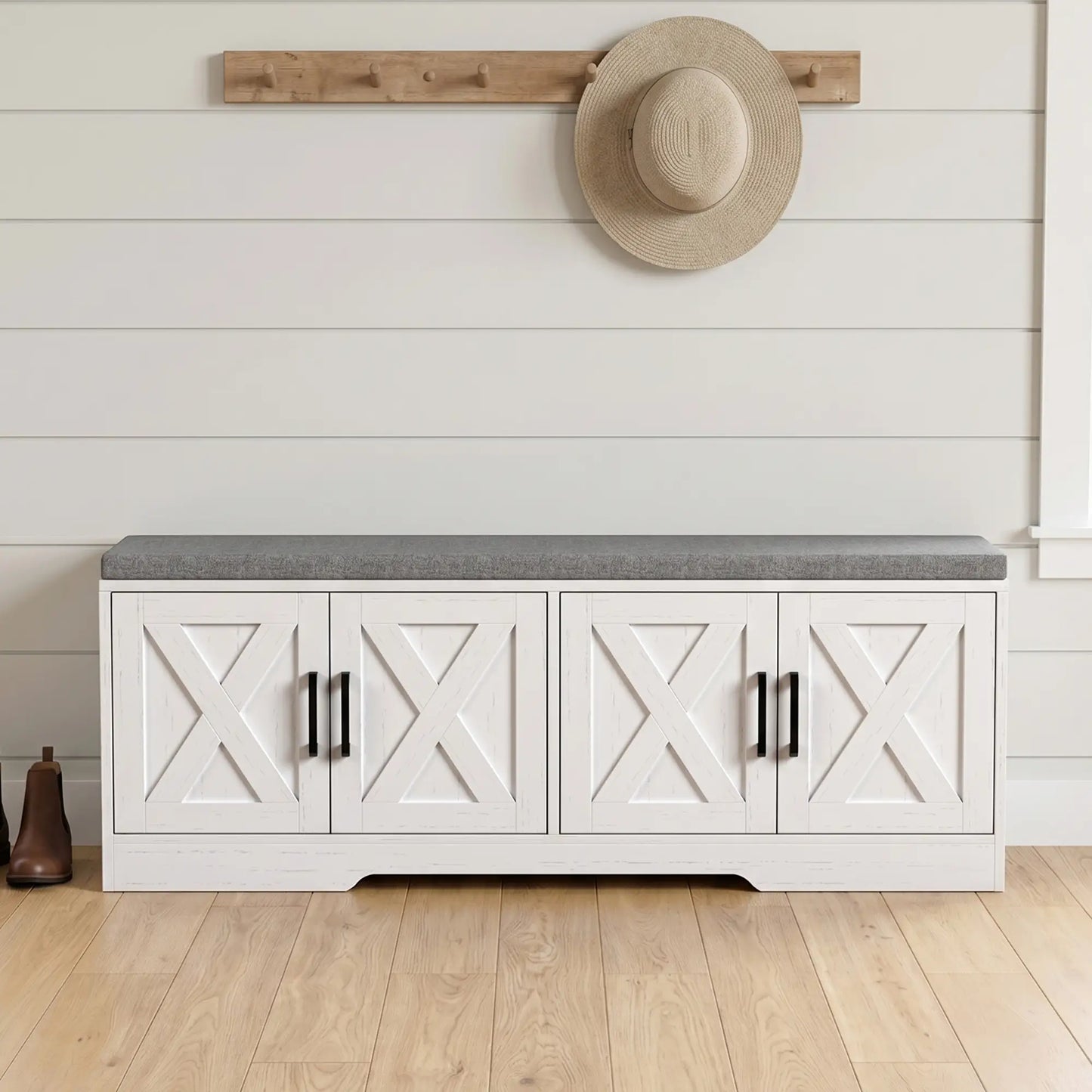 Shoe Bench With Cushion, Adjustable Shelves, White