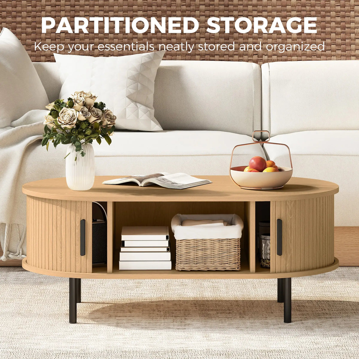 Coffee Table with Sliding Tambour Doors and Storage Center Table with Metal Legs, 39", Natural Coffee Tables at Gallery Canada