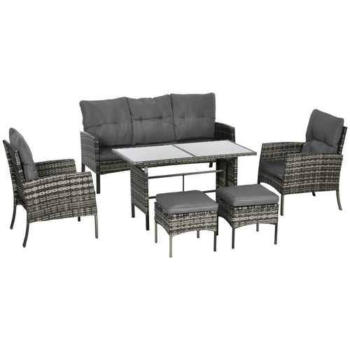 6-Piece Patio Set, Chairs, Ottomans, Sofa, Glass Table, Grey