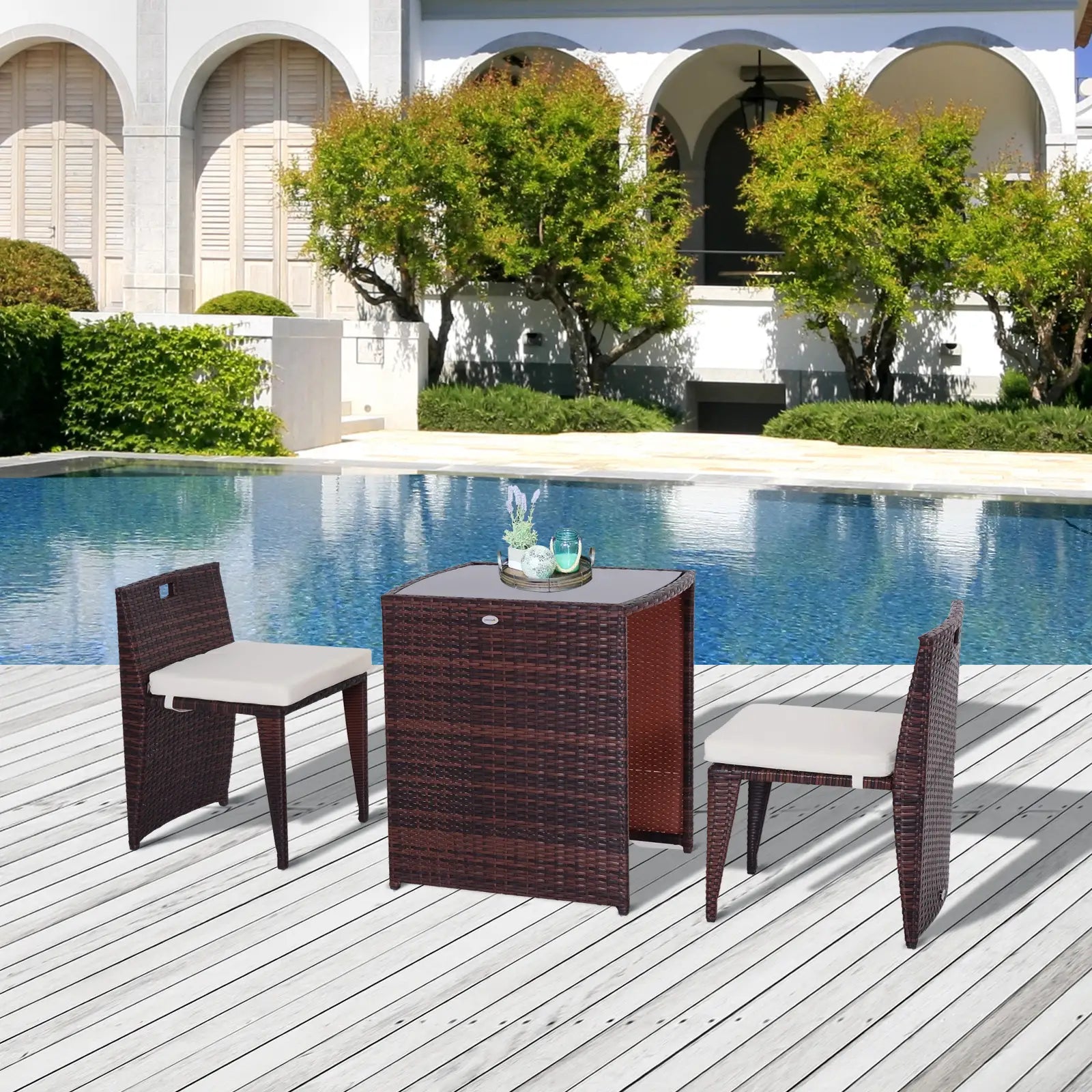 3-Piece Wicker Patio Dining Set, Removable Cushions, Glass Table, Cream White Outdoor Dining Sets at Gallery Canada