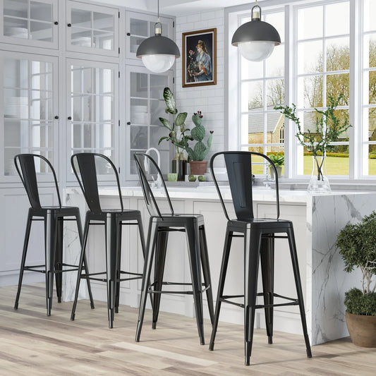 Set of 4 Bar Stools, Industrial Kitchen, Metal Frame, Black Bar Stools Black at Gallery Canada