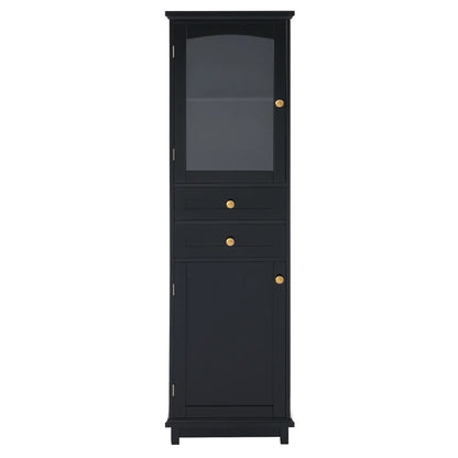 Bathroom Storage Cabinet, Glass Doors, Adjustable Shelves, 18" L x 14" W x 63" H, Black Bathroom Cabinets Black at Gallery Canada