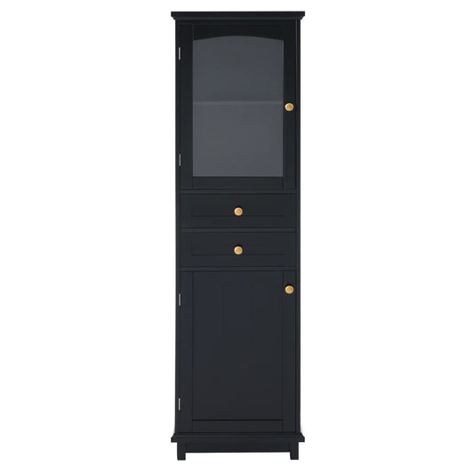 Bathroom Storage Cabinet, Glass Doors, Adjustable Shelves, 18" L x 14" W x 63" H, Black Bathroom Cabinets Black at Gallery Canada