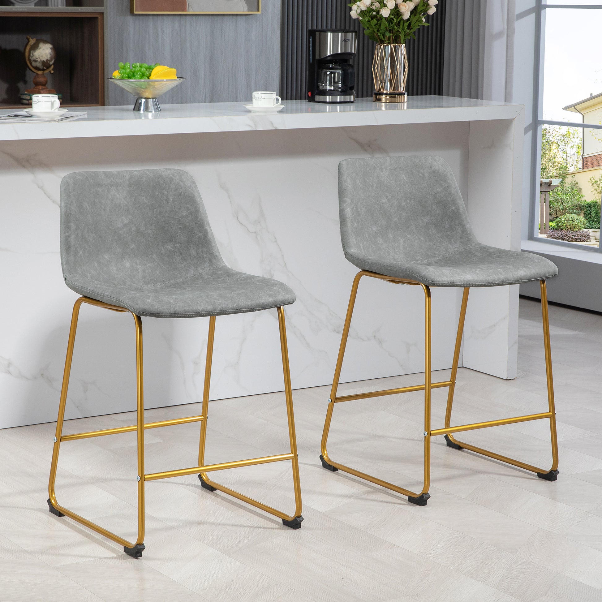 Counter Height Stools Set of 2, PU Leather Upholstered Stools for Kitchen Island, Modern Bar Chairs, Light Grey at Gallery Canada
