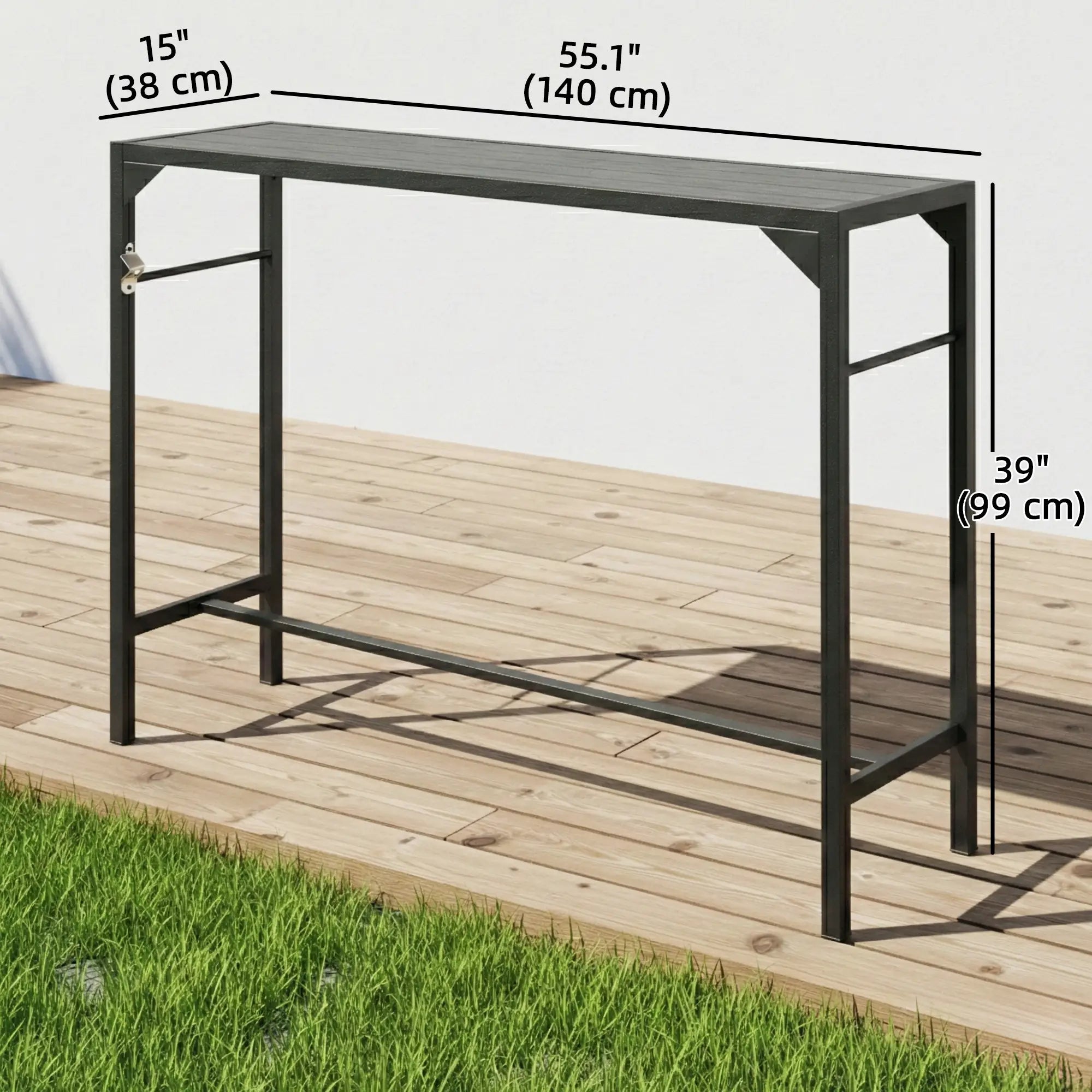 Outdoor Bar Table With Bottle Opener, Wood Grain Plastic Top, 55