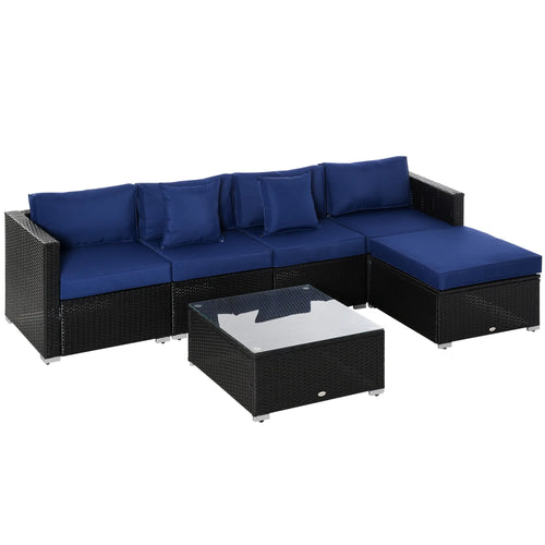 6-Piece Outdoor PE Rattan Sofa Set, Thick Cushions, Glass Top Table, Dark Blue, Black