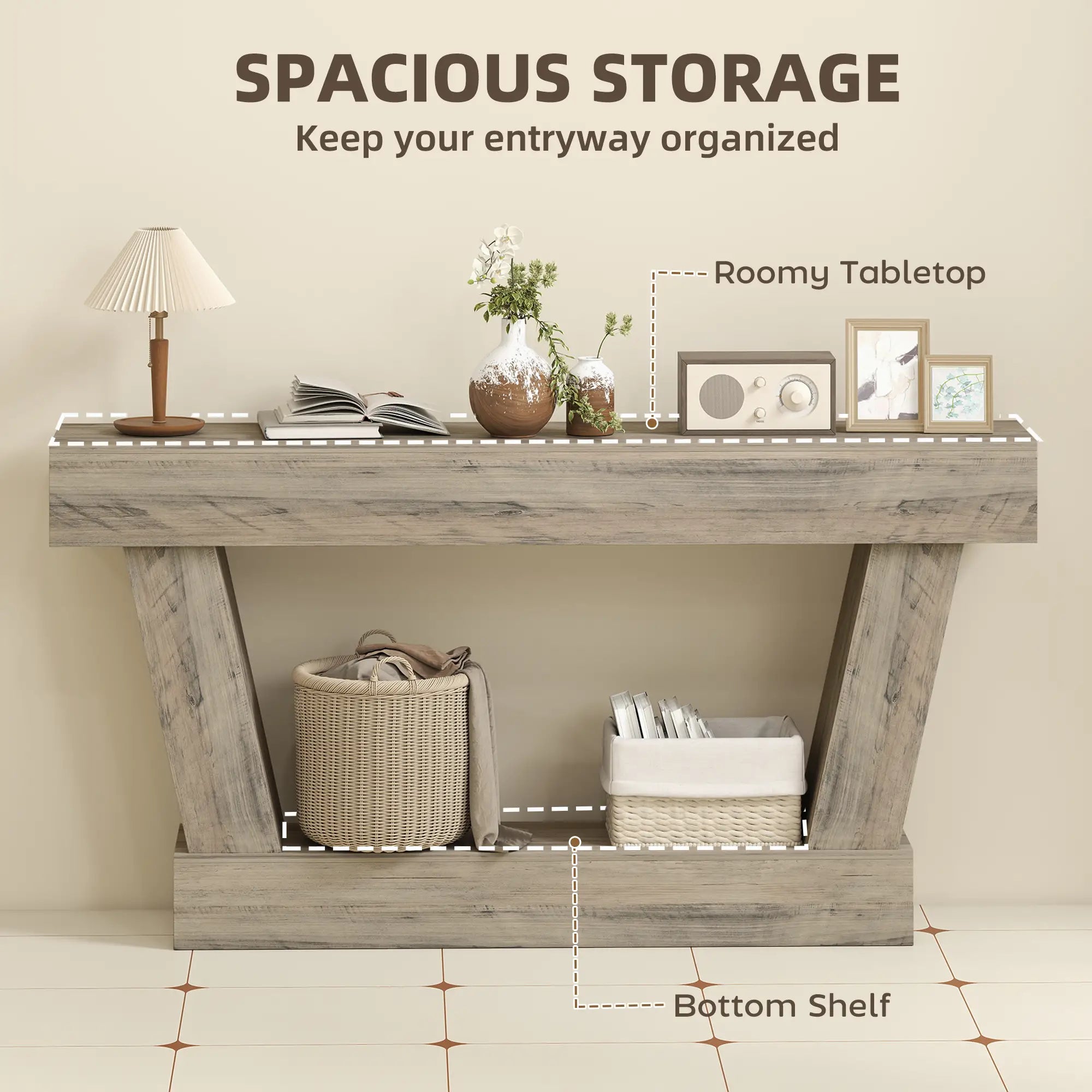 63 Inch Vintage Console Table, Narrow Entryway Table with Shelf, Light Brown Console Tables at Gallery Canada