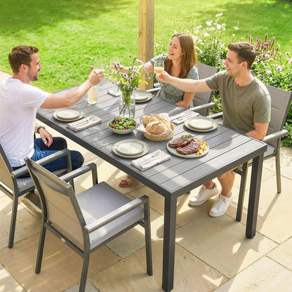Rectangular Patio Table For 6, Wood-Plastic Composite Top, Steel Frame, Grey Patio Dining Tables at Gallery Canada