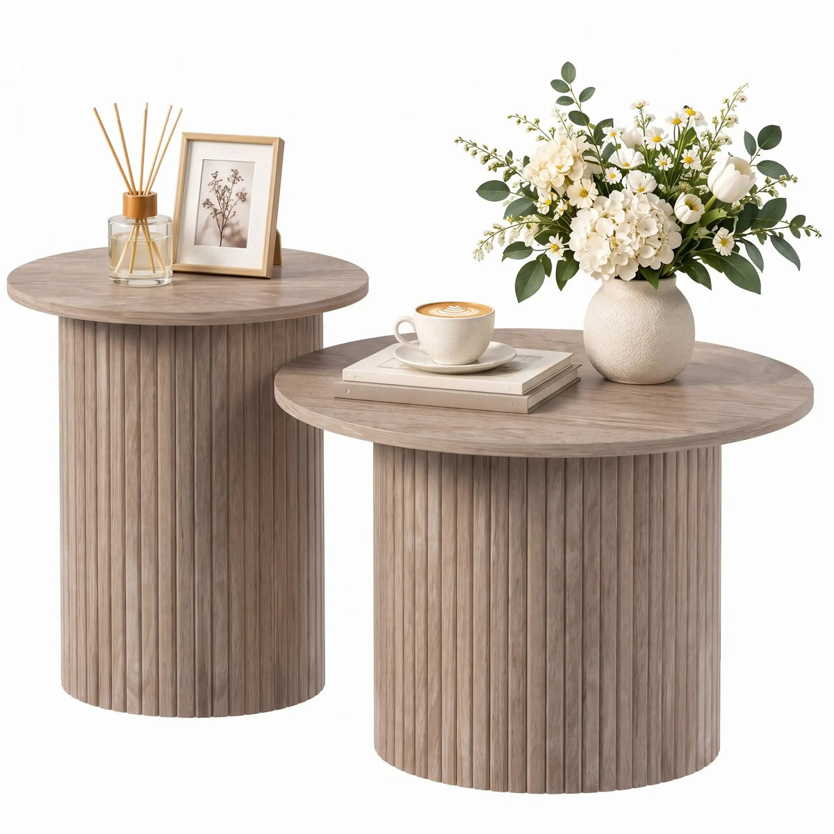 Round Nesting Coffee Table Set of 2, Fluted Mid Century Side Tables