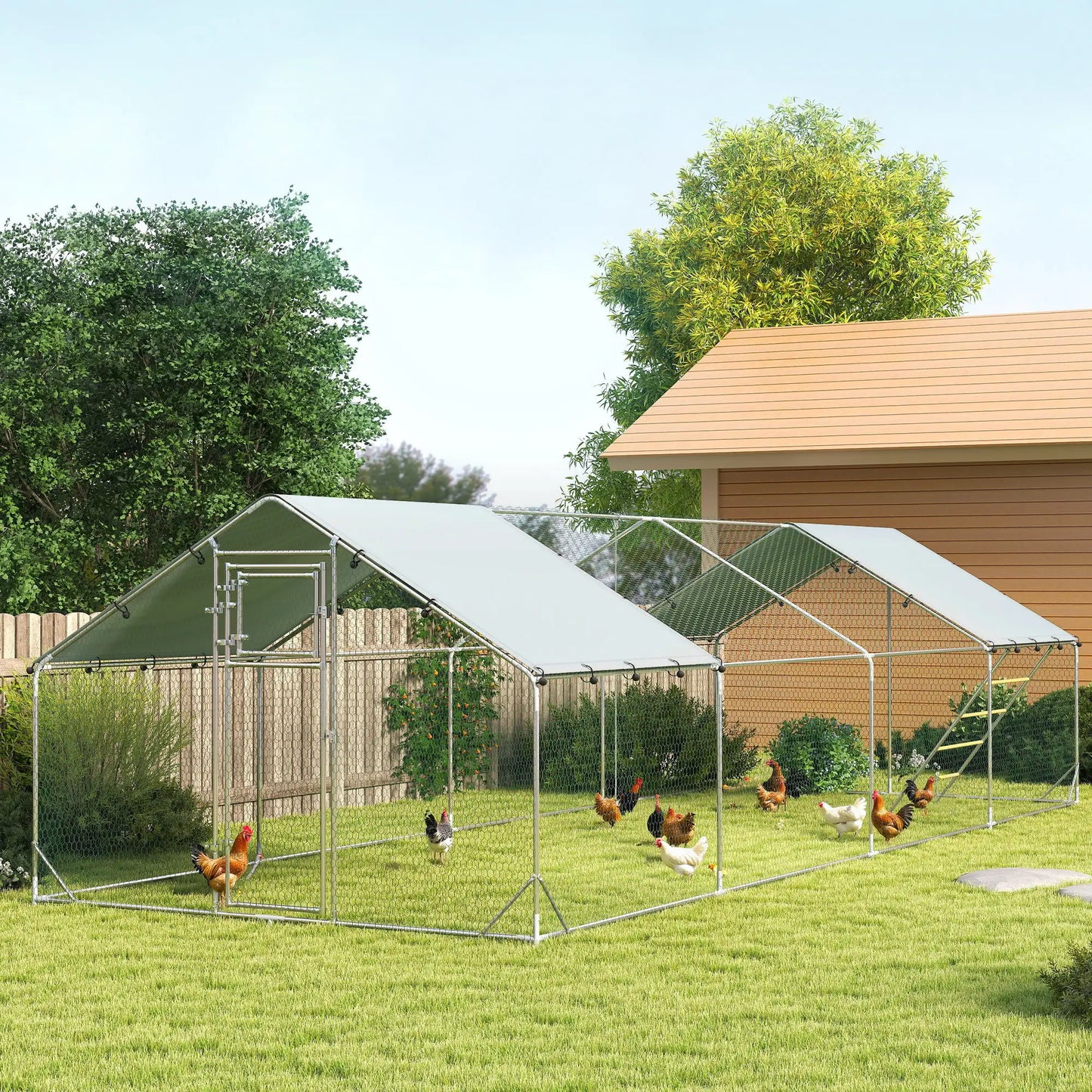 Large Metal Chicken Run, Waterproof UV-Resistant Cover, Feeding Door, Hanging Feeder, Perch, 24-30 Chickens Chicken Coops at Gallery Canada