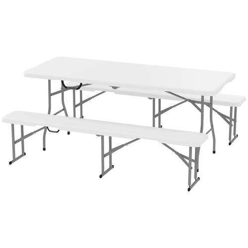 6FT Portable Camping Table Bench Set, Folding Picnic Table with 2 Benches, White