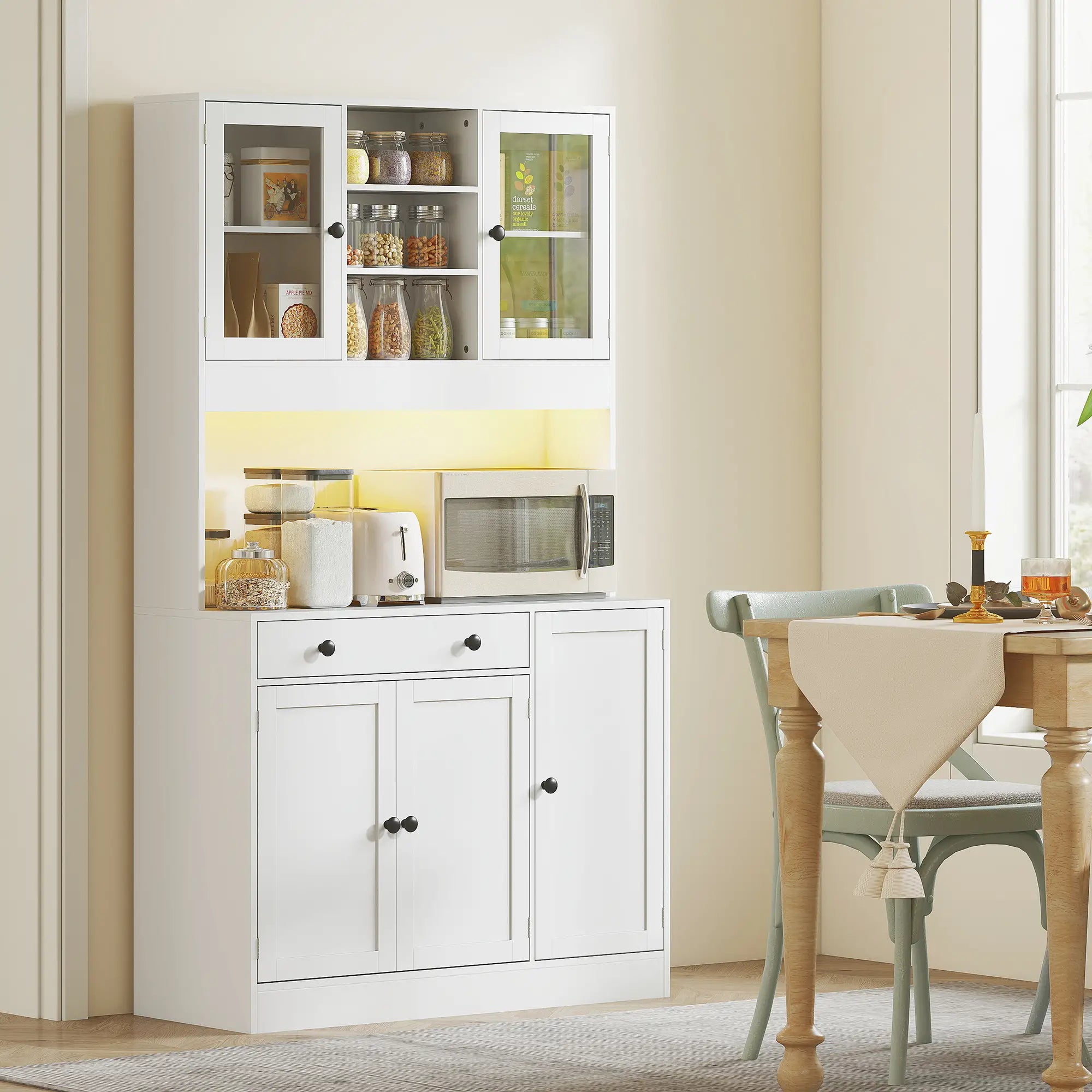 Tall Kitchen Pantry with LED Light, Freestanding Cabinet, White Kitchen Pantry Cabinets at Gallery Canada