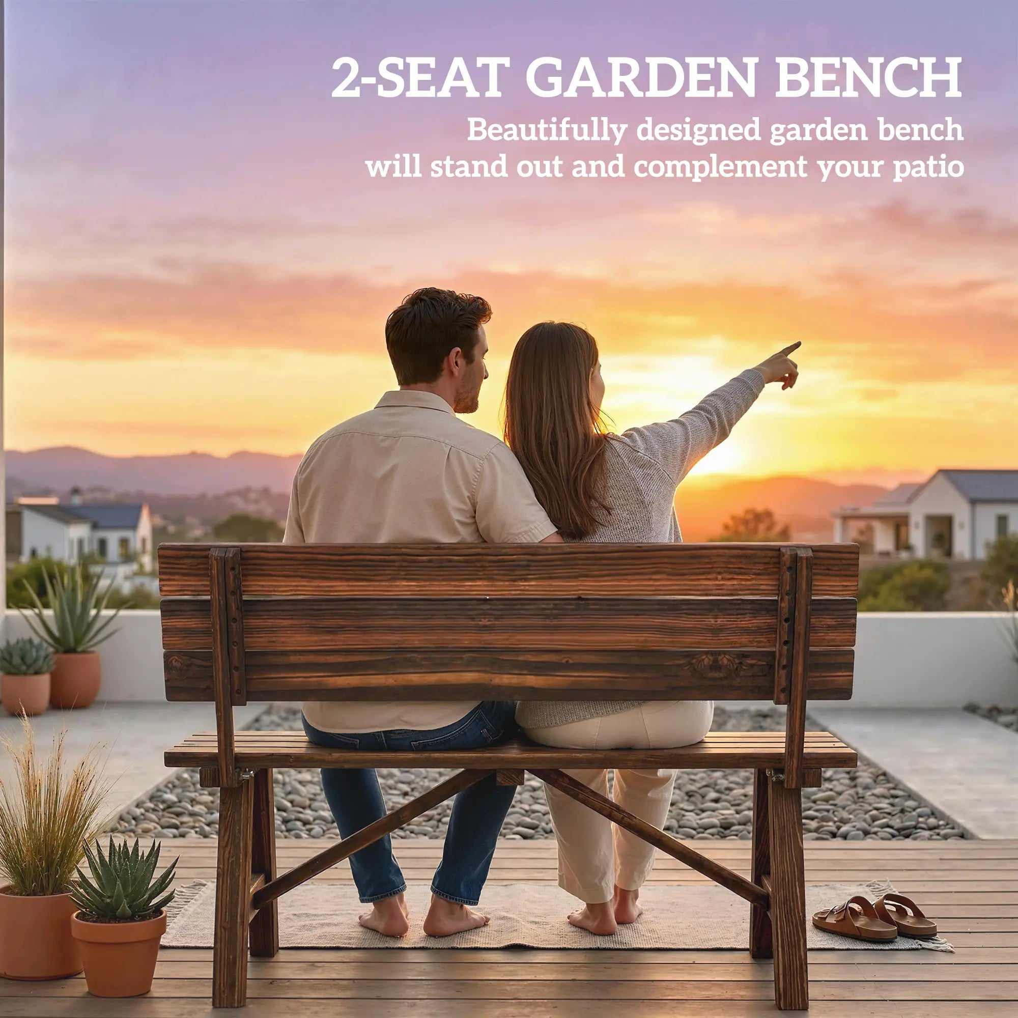 Wooden Garden Bench, 2-Person Patio Loveseat, Carbonized Outdoor Benches at Gallery Canada