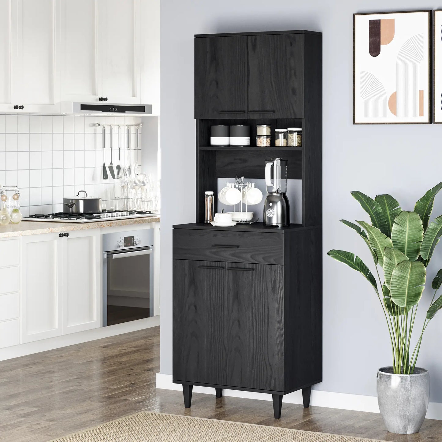 Modern Kitchen Buffet with Hutch, Wooden Storage Cupboard, Black Kitchen Pantry Cabinets at Gallery Canada