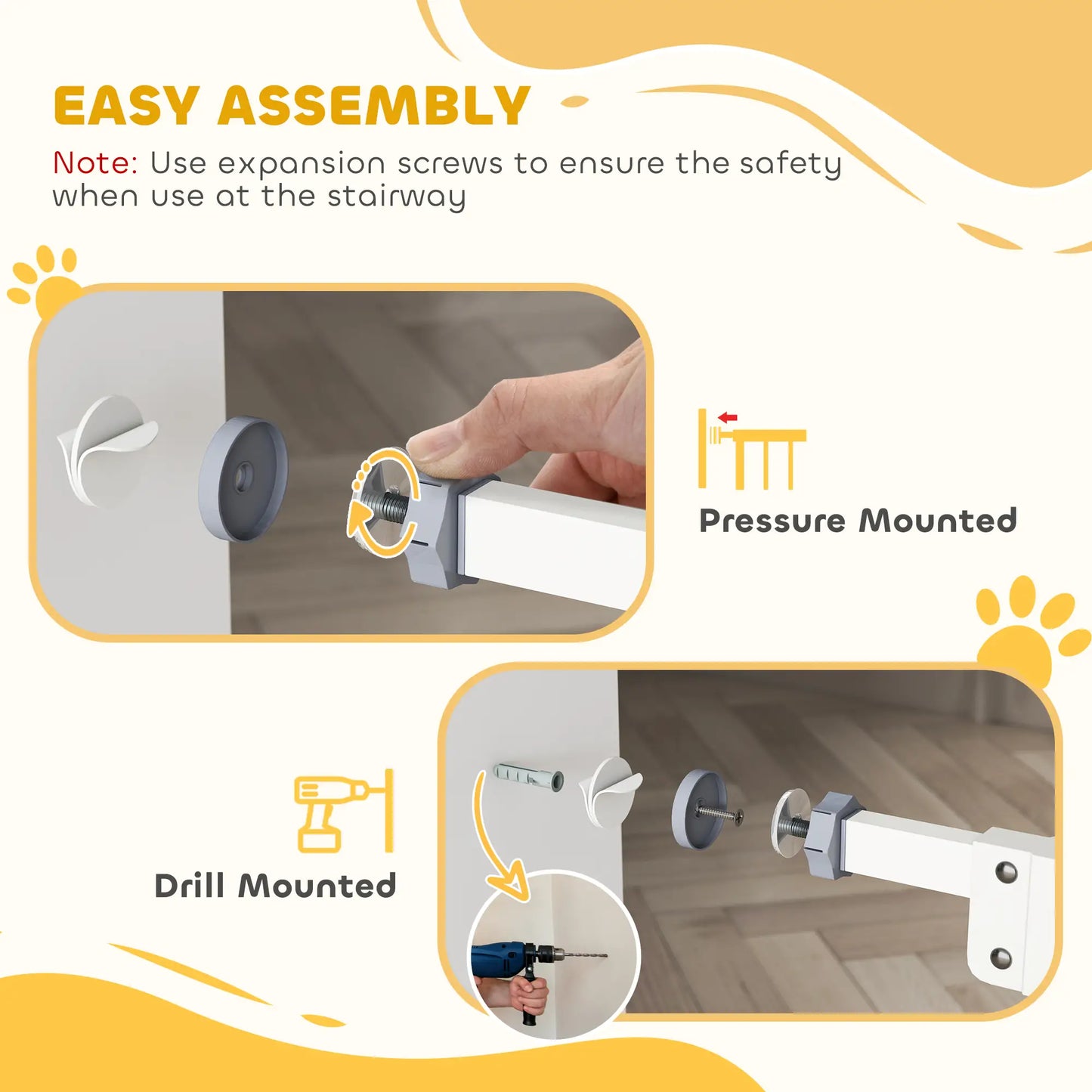 Pet Gate with Door, 30 in Tall, Pressure-Mounted Safety Gate, White