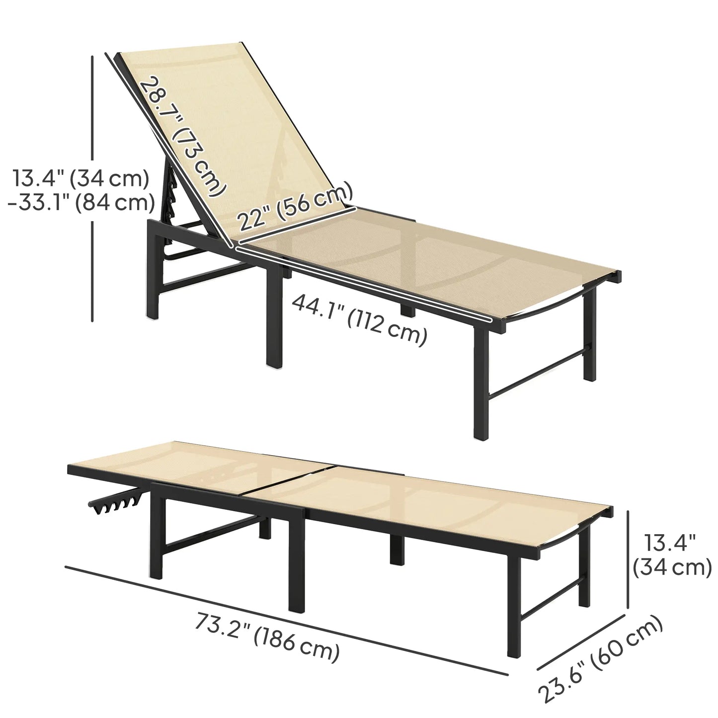 Outdoor Lounge Chair Set, 5-Position Reclining Chaise With Mesh Seat, Khaki Lounger Chairs at Gallery Canada