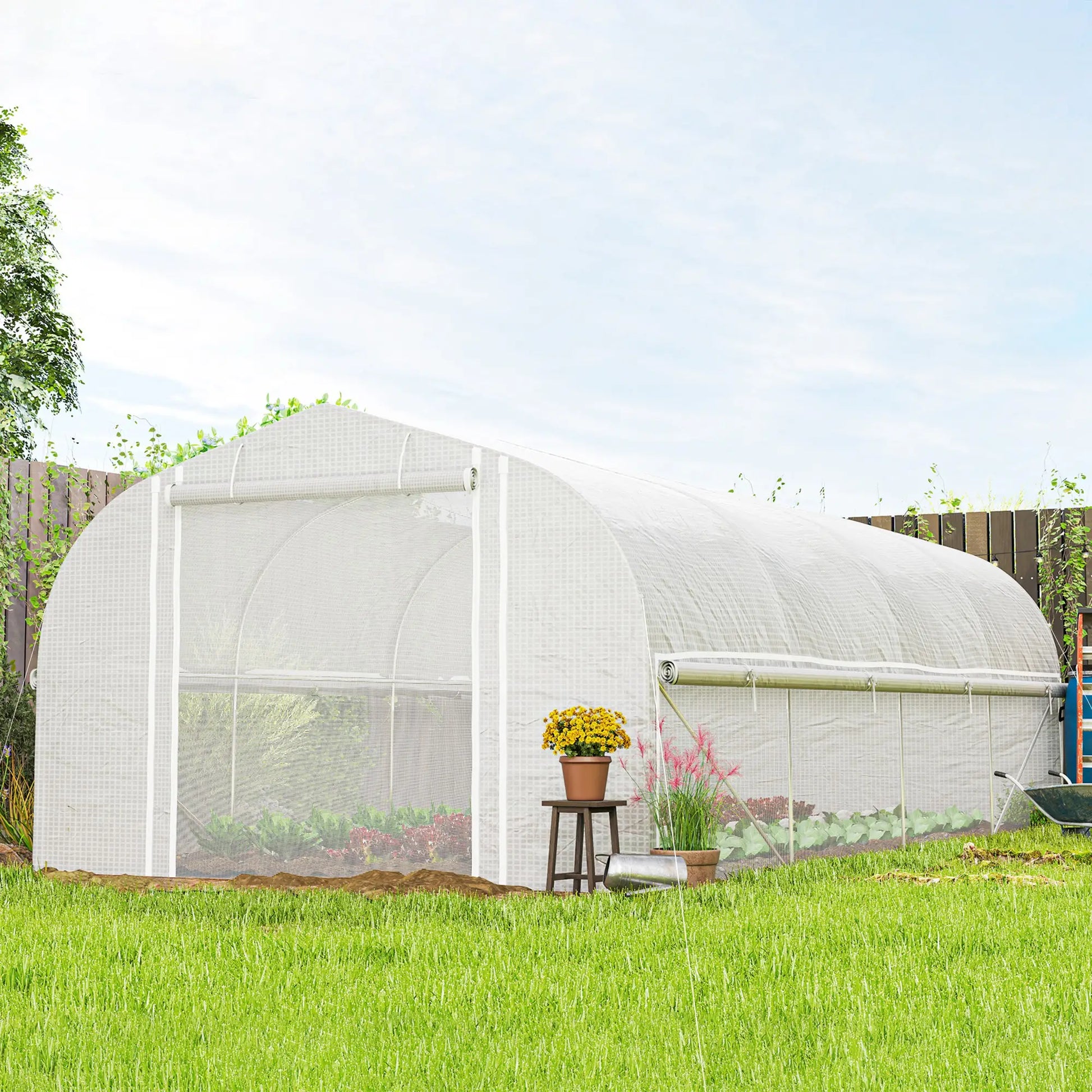 19.5' x 10' x 6.6' Tunnel Greenhouse, Roll-up Mesh Sidewalls, Mesh Door, Galvanized Steel, White Tunnel Greenhouses at Gallery Canada