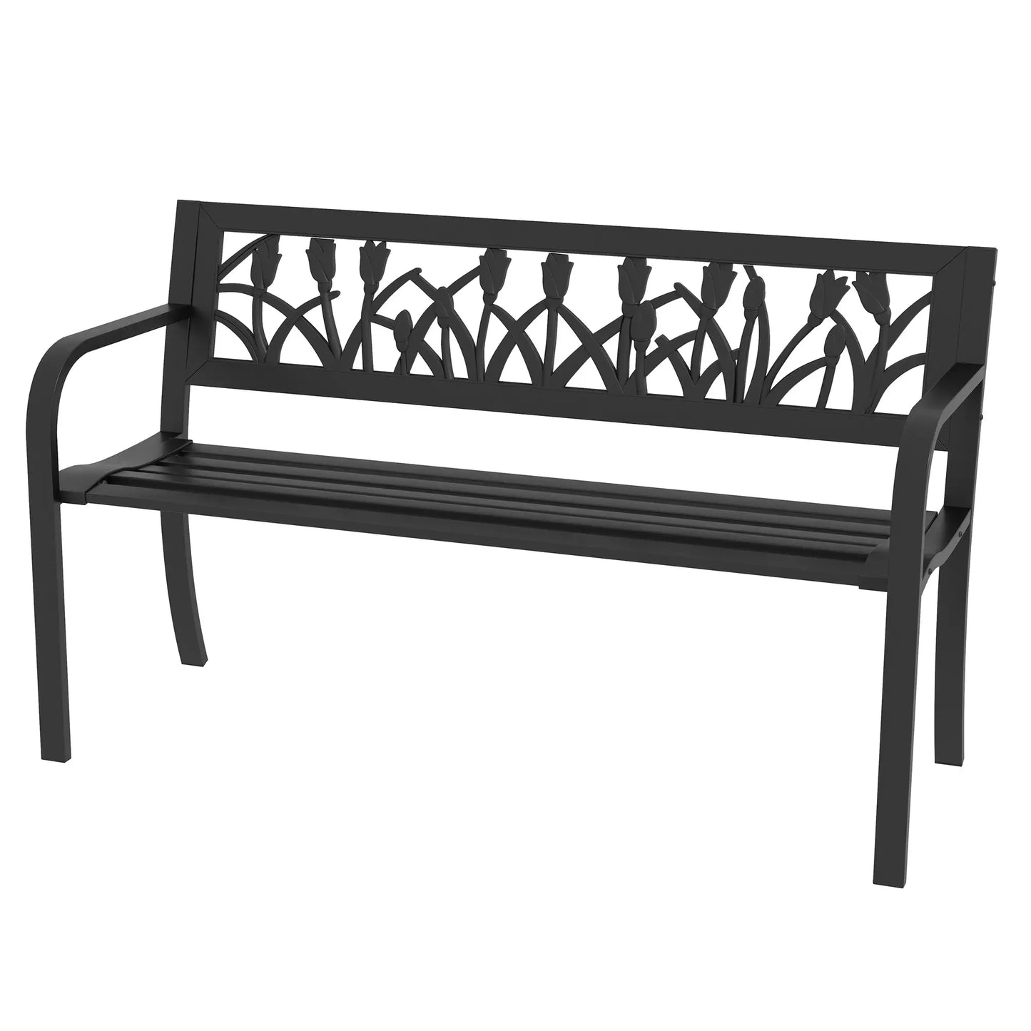 49" Metal Outdoor Bench, Curved Arms, Slatted Seat, Patio, Backyard, Lawn Outdoor Benches Black at Gallery Canada