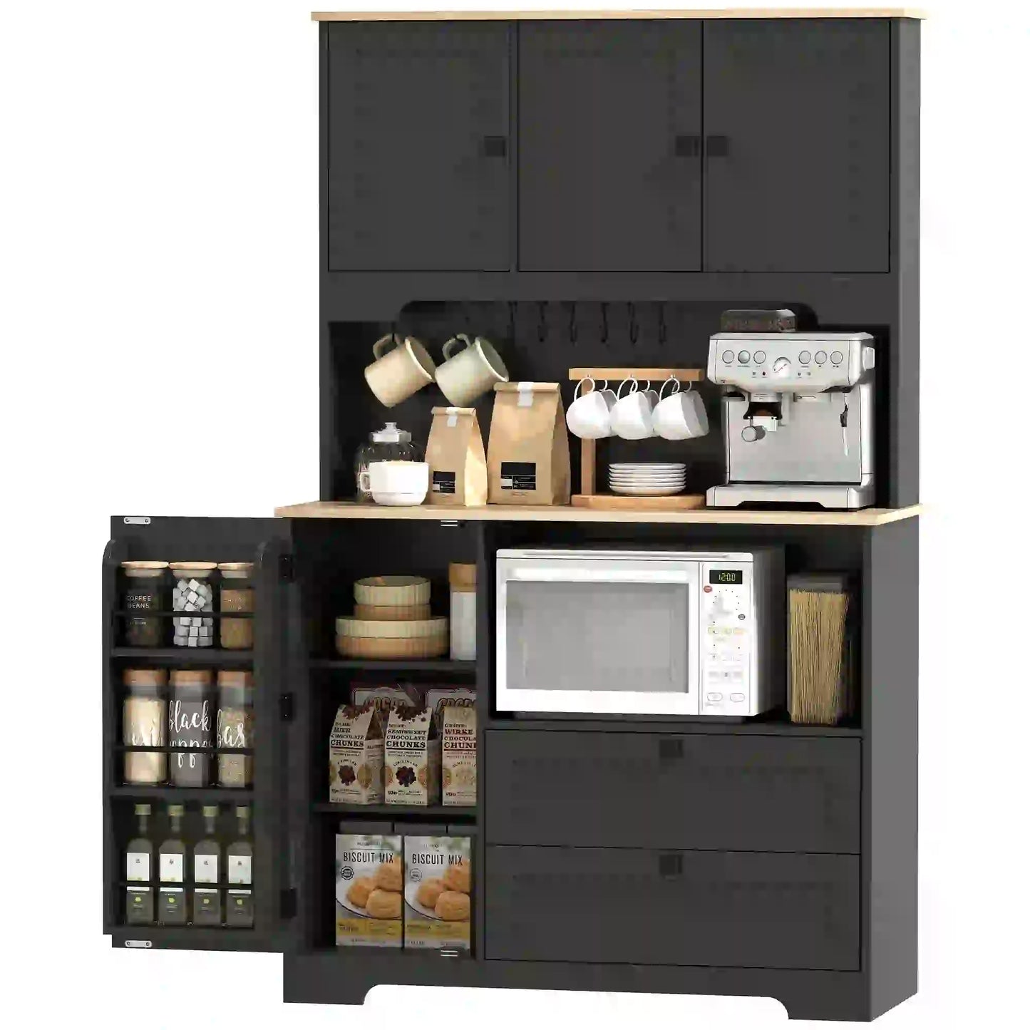 64" Kitchen Pantry Cabinet, 3 Cabinets, 2 Drawers, Adjustable Shelves, Black Kitchen Pantry Cabinets Black, Natural Wood at Gallery Canada