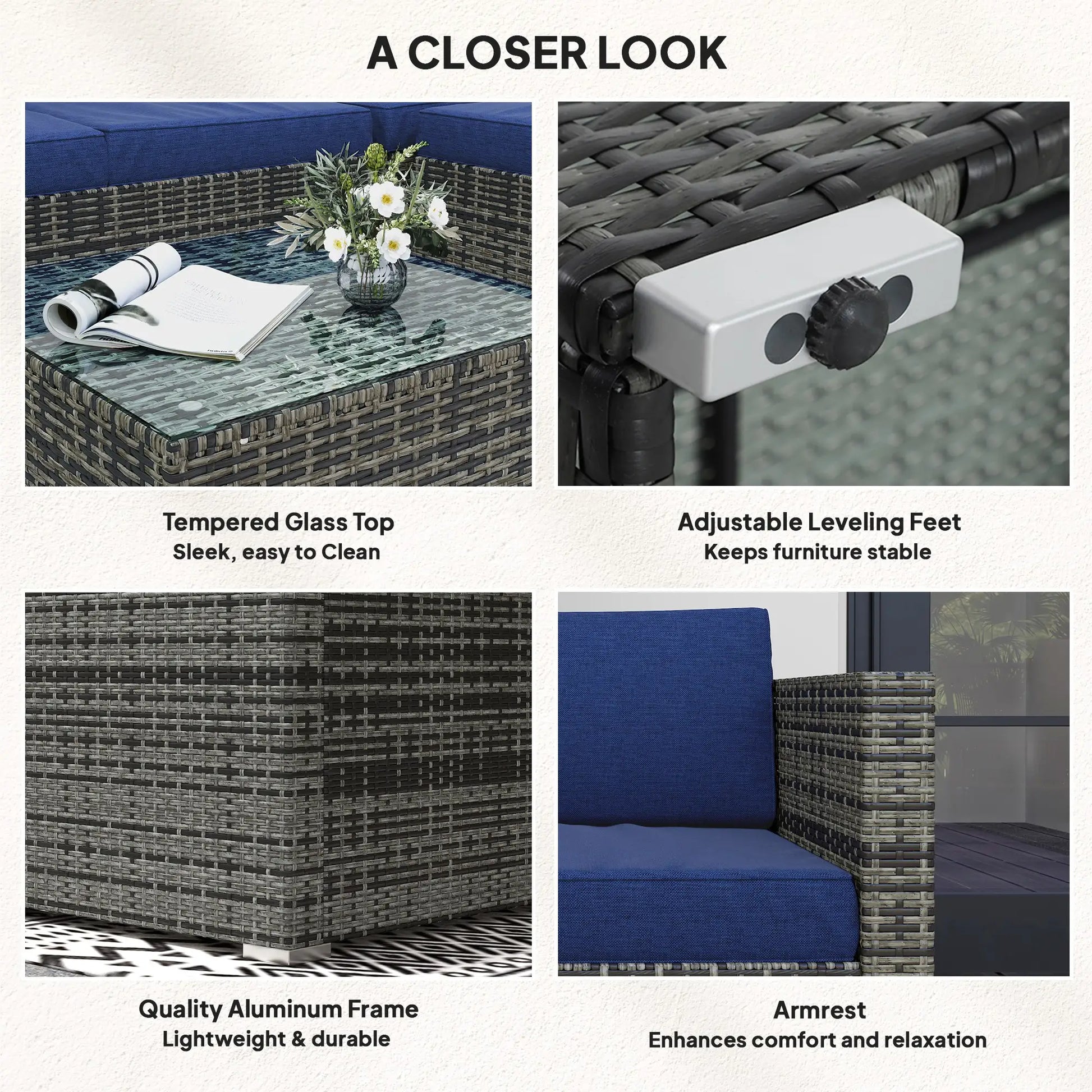 4pc Rattan Wicker Outdoor Furniture Set, Corner Sofa Loveseats Coffee Table, Navy Blue Patio Furniture Sets at Gallery Canada