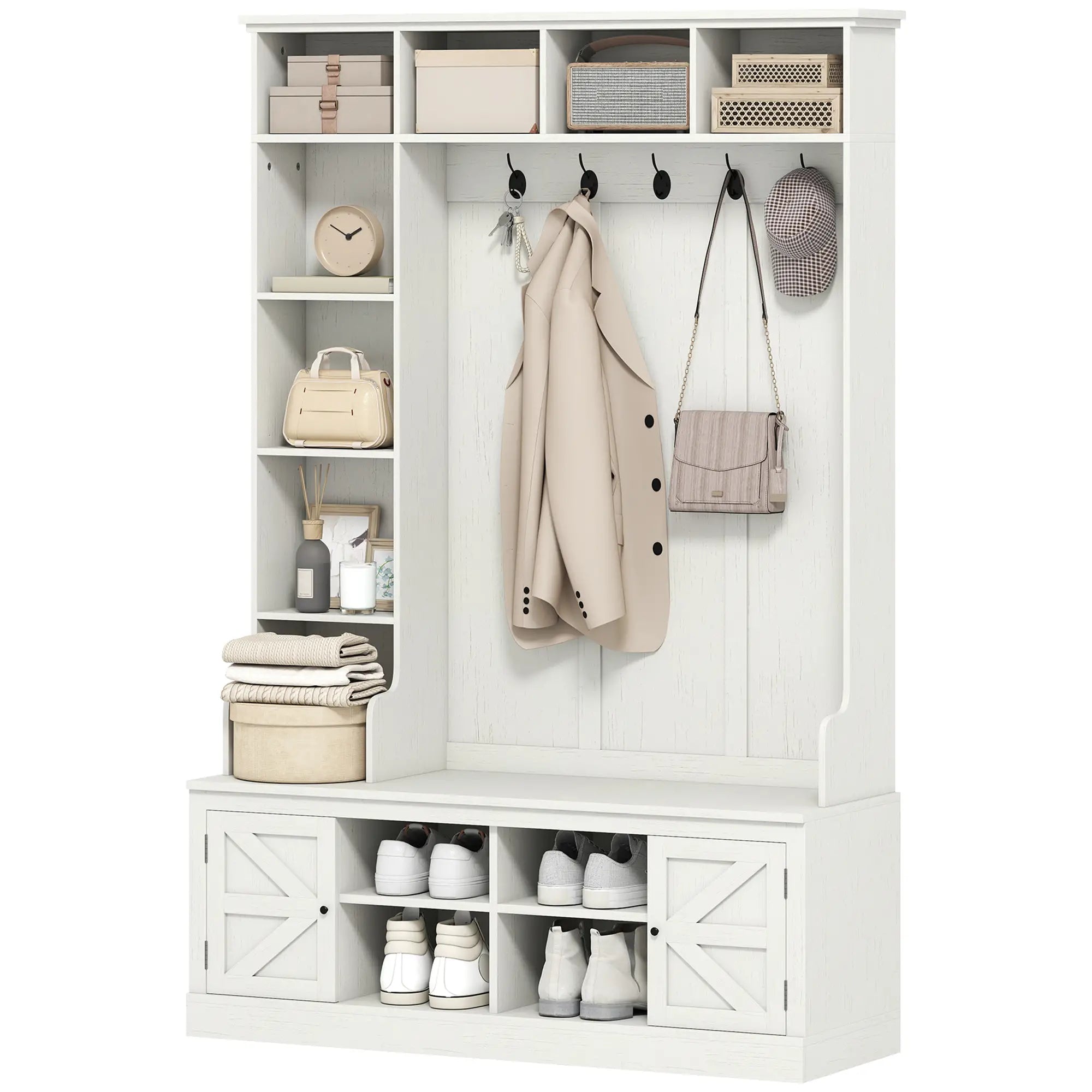 Hall Tree Bench With Shoe Storage, 12 Shelves, 2 Cabinets, 5 Hooks, White Clothing Storage White Wood Grain, Black at Gallery Canada