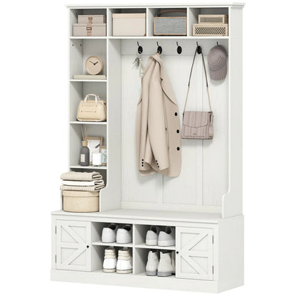 Hall Tree Bench With Shoe Storage, 12 Shelves, 2 Cabinets, 5 Hooks, White Clothing Storage White Wood Grain, Black at Gallery Canada