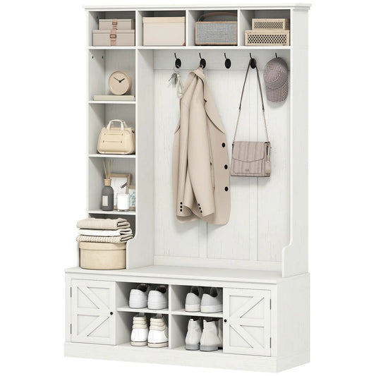 Hall Tree Bench With Shoe Storage, 12 Shelves, 2 Cabinets, 5 Hooks, White Clothing Storage White Wood Grain, Black at Gallery Canada