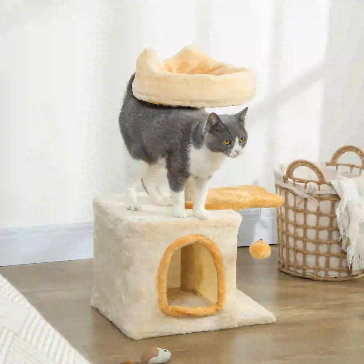 28 Inch Cat Tree Tower with Plush Bed, Condo, Sisal Post, Perch, Dangling Ball, Beige and Yellow Cat Posts at Gallery Canada