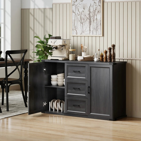 47" Sideboard With 3 Drawers, 2 Doors, Adjustable Shelves, Wood Grain, Black Storage Cabinets Black Wood Grain at Gallery Canada
