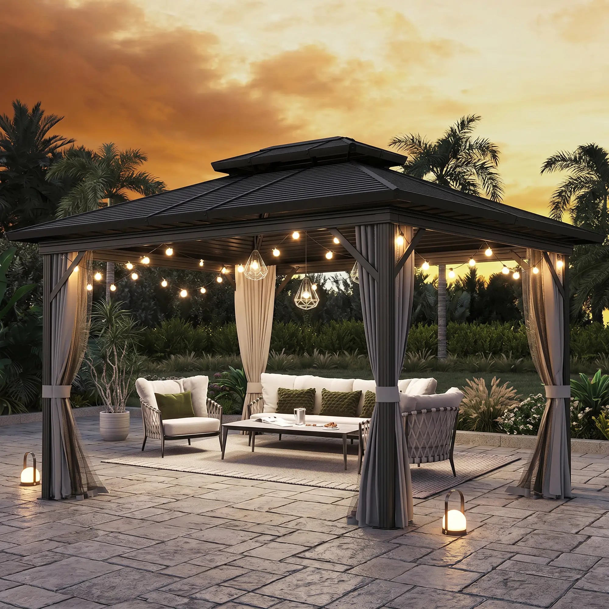 10' x 12' Hardtop Gazebo, Sun Shelter, Metal Roof, Mosquito Net, Light Grey Gazebos at Gallery Canada