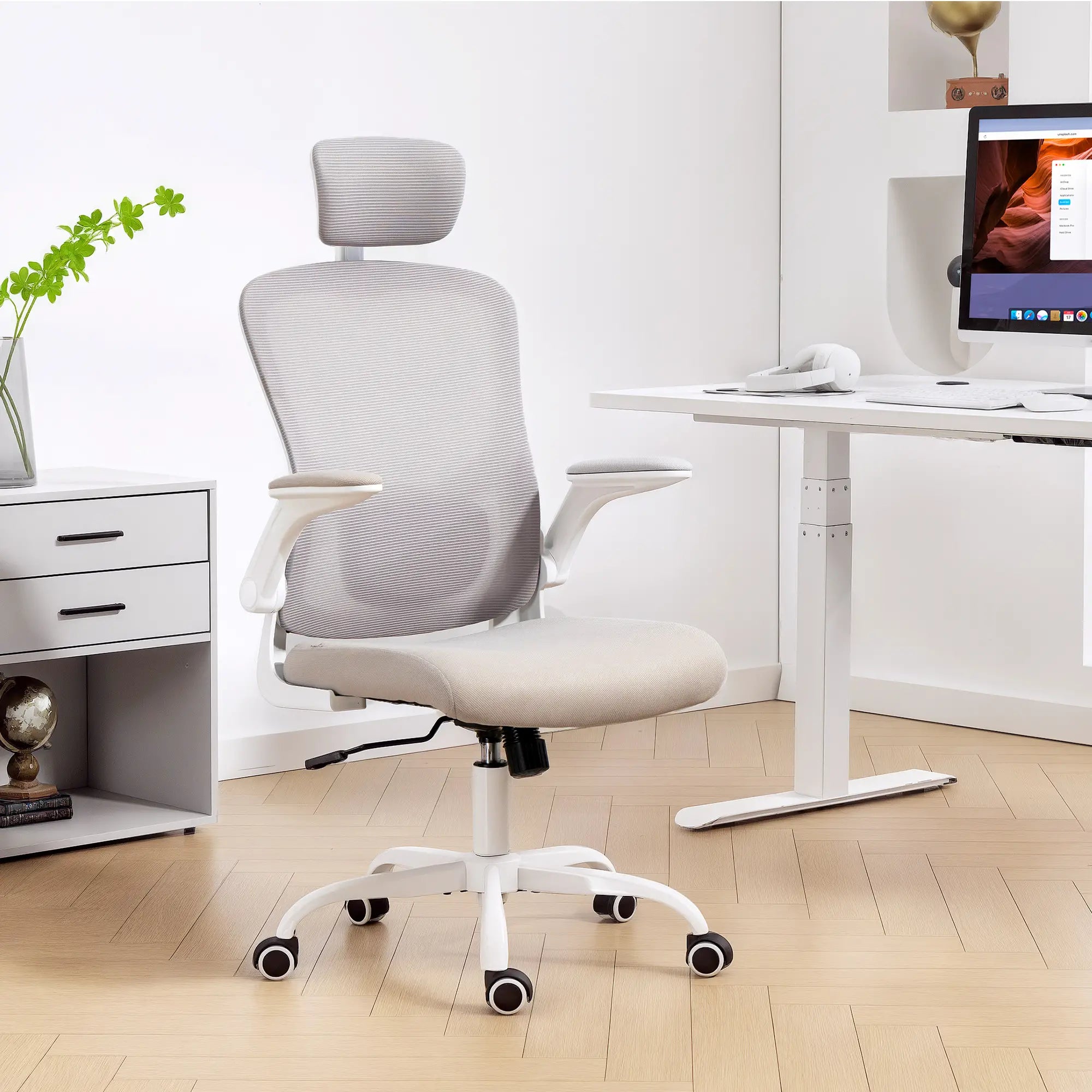 Mesh Office Chair, Adjustable Headrest, Lumbar Support, Flip-Up Armrests, Grey Task Chairs at Gallery Canada