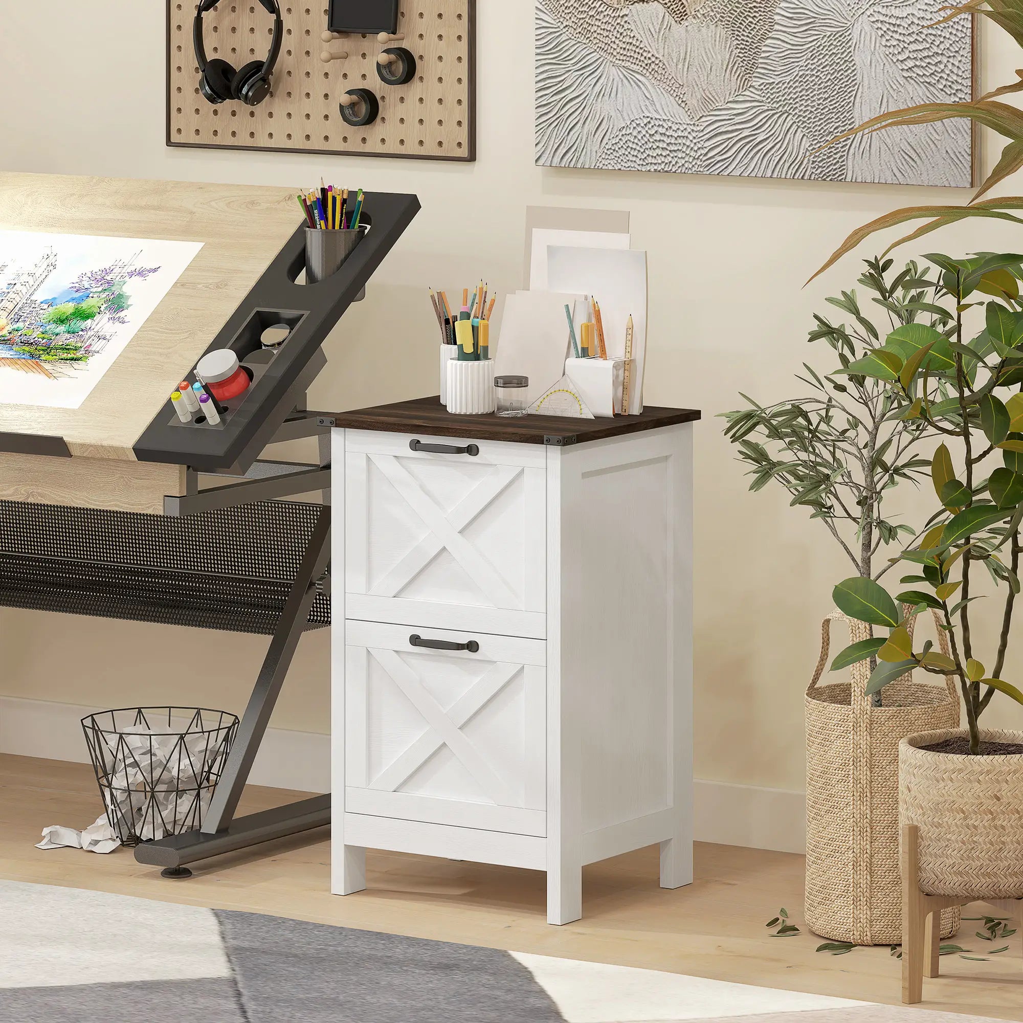 2 Drawer Vertical Filing Cabinet, Rustic Farmhouse, A4 Letter Size, Distressed White, White Office Cabinets & Cupboards at Gallery Canada