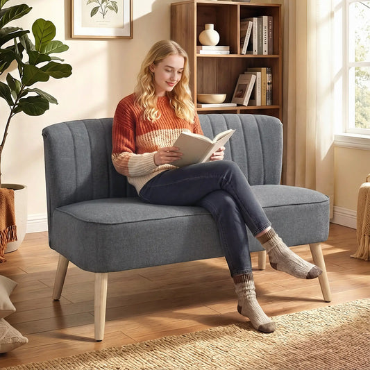 Modern 2 Seater Sofa, Upholstered Couch with Rubber Wood Legs, Grey 2-Seater Sofas Grey, Natural at Gallery Canada