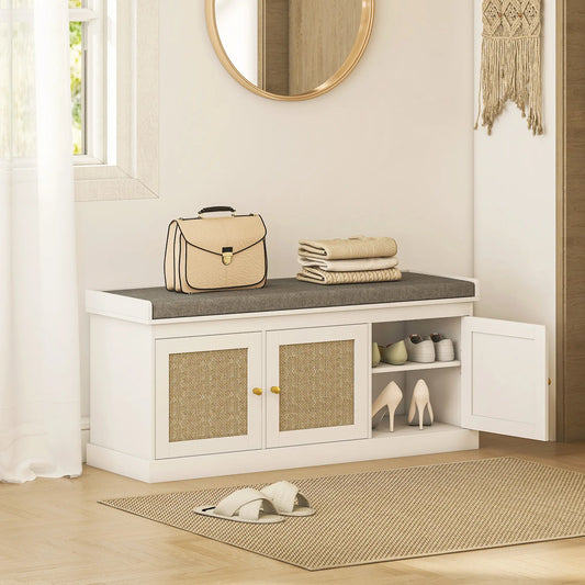 Shoe Storage Bench, Woven Rattan Doors, Adjustable Shelves, White Shoe Storage Cabinets & Racks White, Grey at Gallery Canada