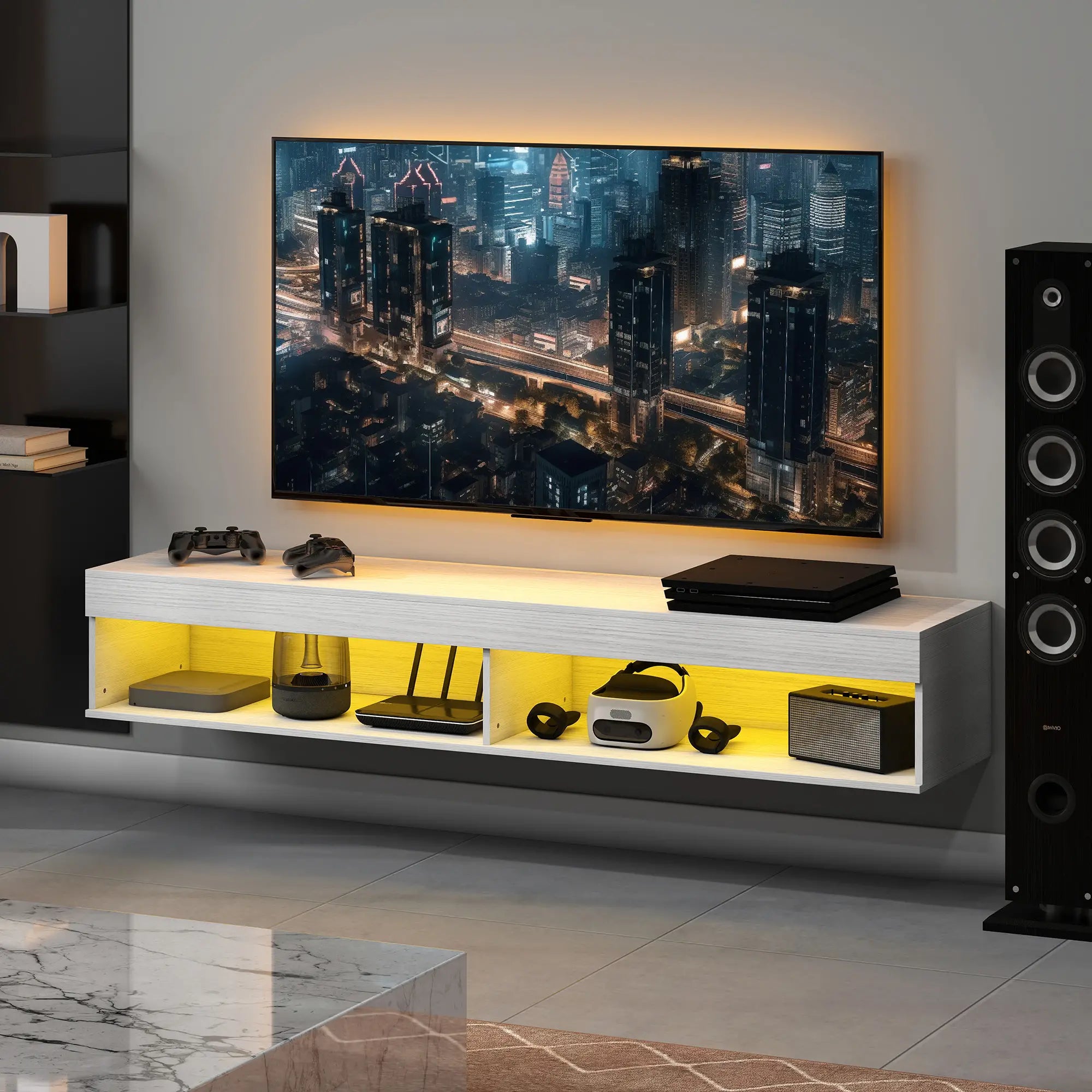 Wall Mounted TV Stand With Storage, LED Lights, For TVs Up To 75