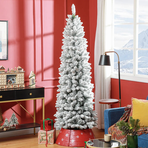 7ft Pencil Christmas Tree, Flocked, 687 Branch Tips, Metal Base