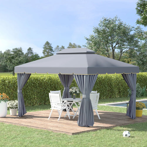 13' x 10' Patio Gazebo, 2-Tier Polyester Roof, Vented Mesh Sidewall, Aluminum Frame, Grey