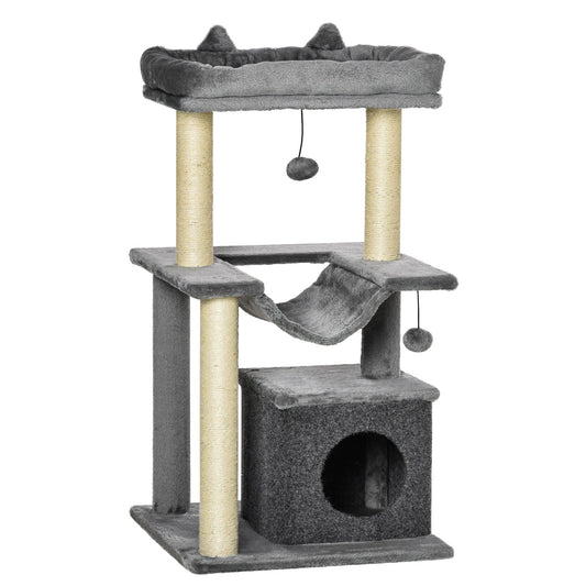 39.25'' Cat Tree Tower Multi-Level Kitten House with Scratching Post Condo Hammock Bed Ball Toy - Gray - Gallery Canada