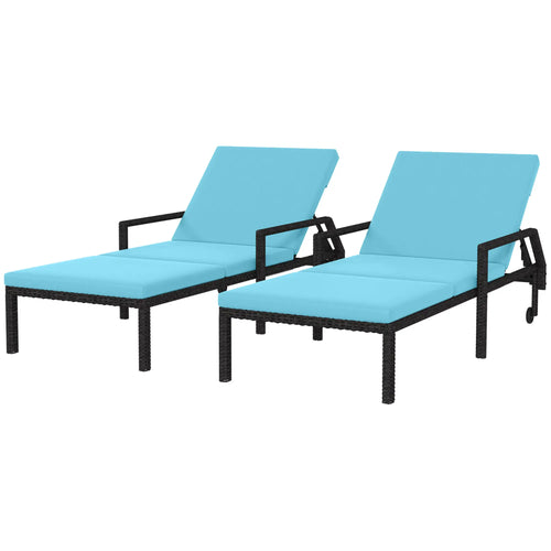 2 Piece Wicker Chaise Lounger, PE Rattan Outdoor Chair, Adjustable Backrest, Sky Blue