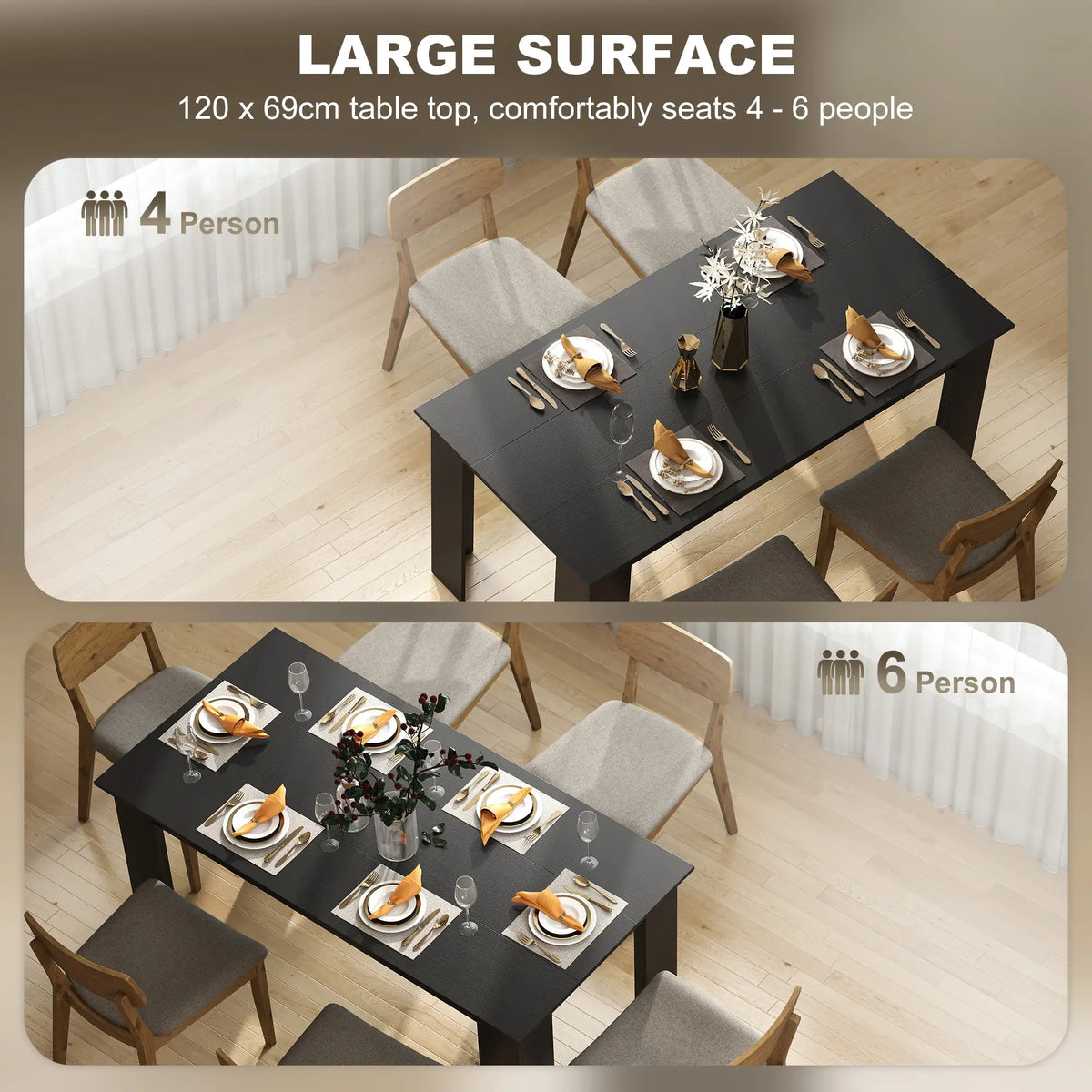 63" Kitchen Table for 4-6 People, Wood Effect, Black Dining Tables at Gallery Canada