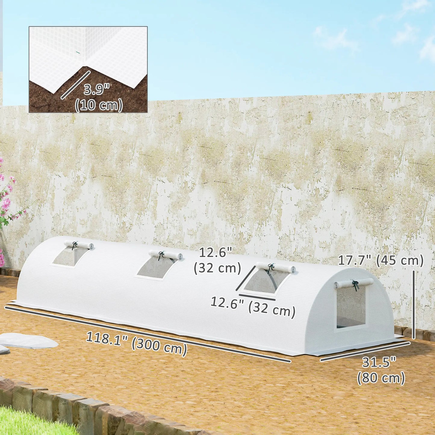 Portable Mini Greenhouse, 10' x 3' x 2', 5 Mesh Windows, Steel Frame, White