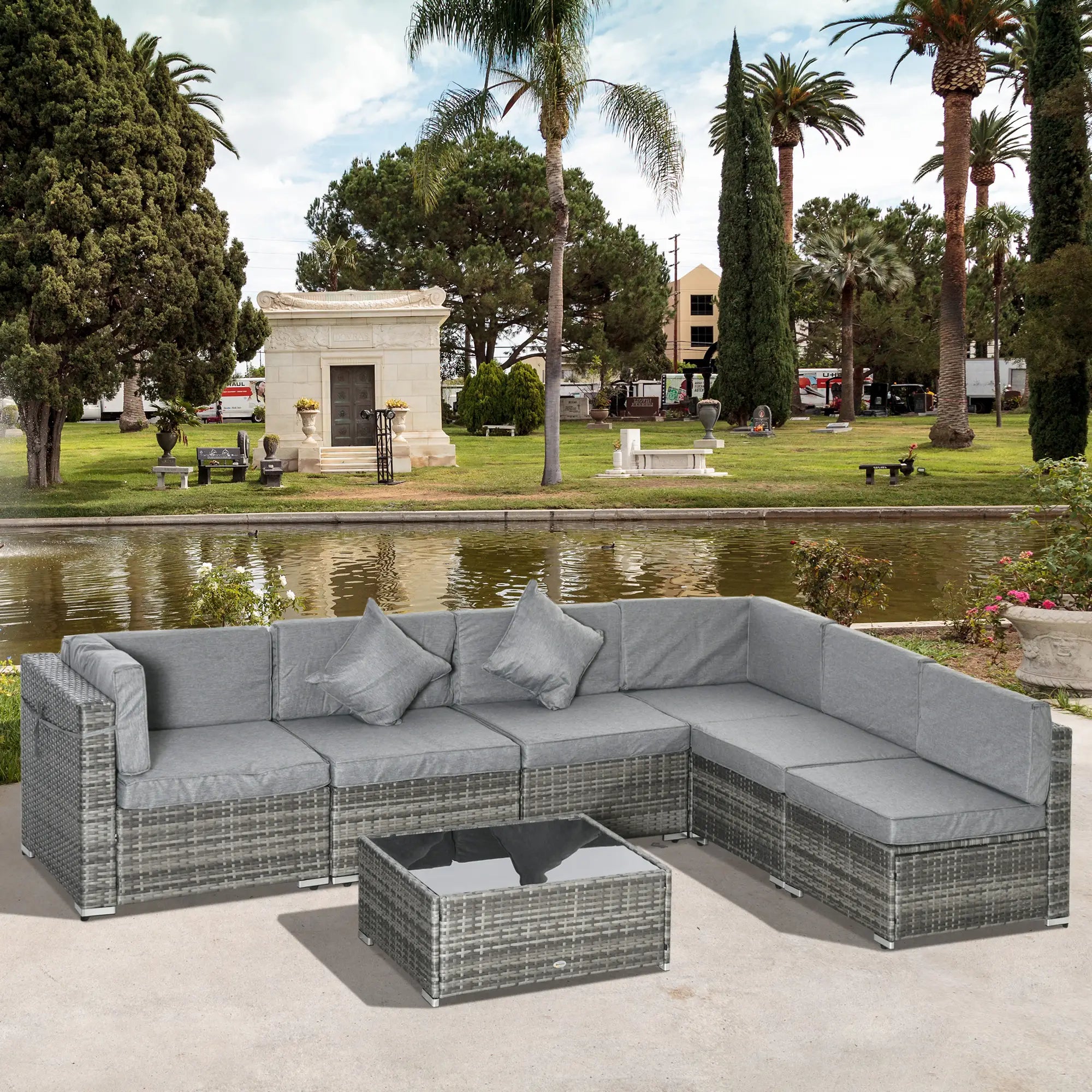 7pc Garden Wicker Sectional Set w/ Tea Table Patio Rattan Lounge Sofa Outdoor Deck Furniture Light Grey Patio Furniture Sets at Gallery Canada