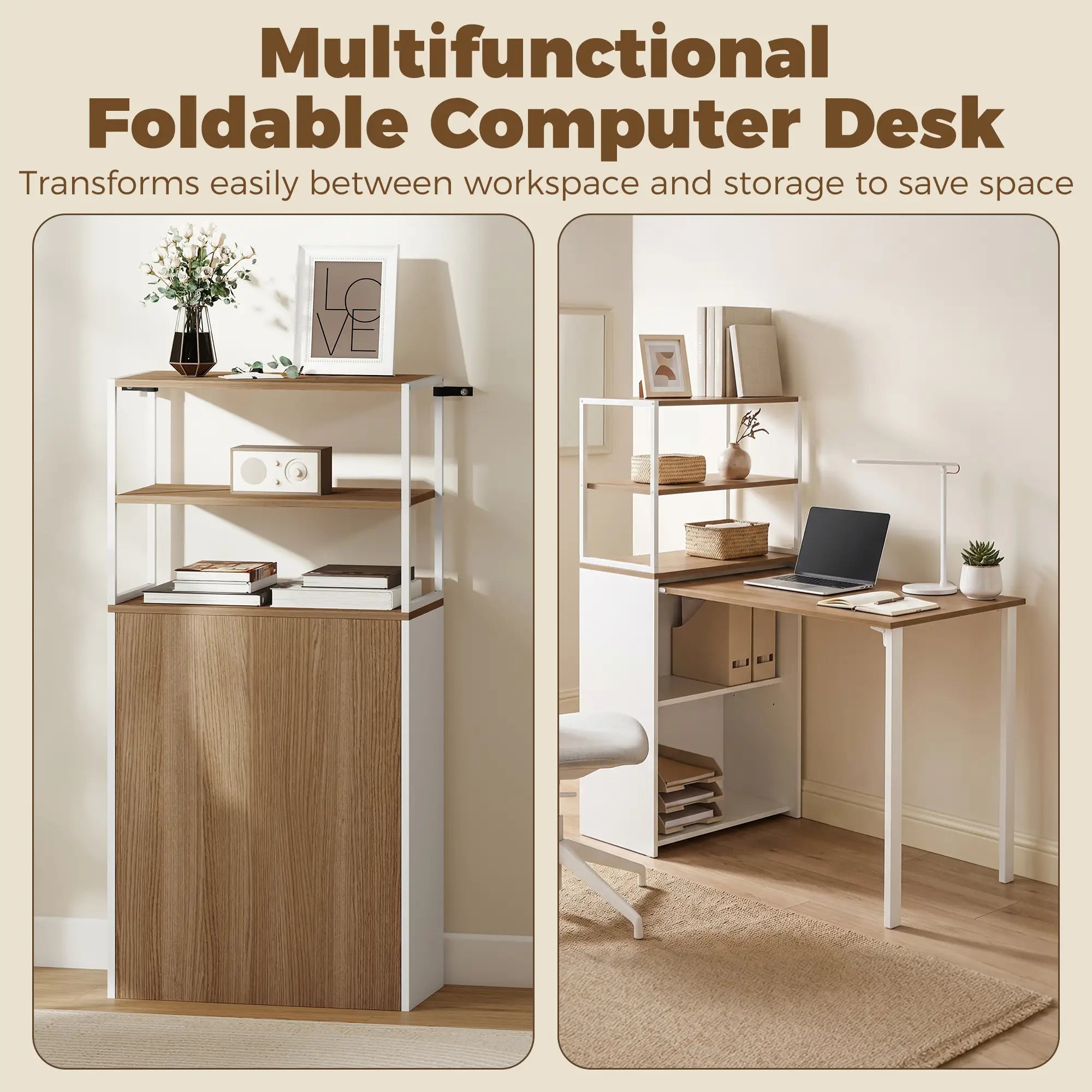 Folding Computer Desk With 4-Tier Bookshelf, Natural Computer Desks at Gallery Canada