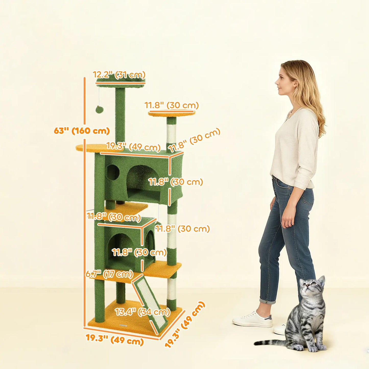 63" Cat Tree, Multi-Level Tower, Scratching Posts, Condos, Bed, Green